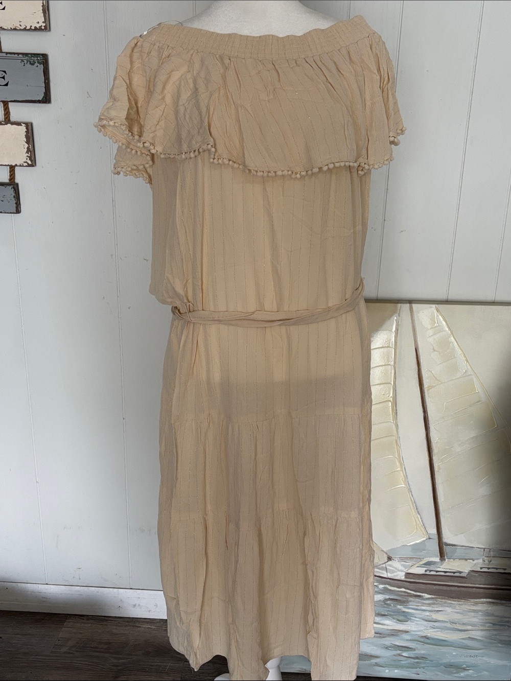 LC Lauren Conrad Beige off Shoulder Ruffle Midi Dress